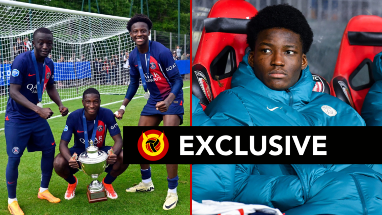 Split image of Mahamadou Sangare and Oumar Camara celebrating youth cup win for PSG and Axel Tape sat on PSG first team bench. Overlaid UIF exclusi...