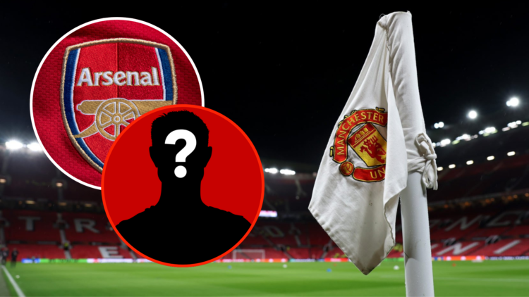Manchester United corner flag at Old Trafford. Inset Arsenal logo and inset GRV mystery player icon.