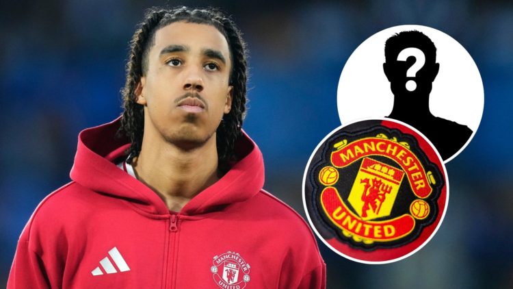 Image of centre back Leny Yoro with inset images of the Manchester United badge and a mystery player