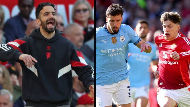 Ruben Dias of Manchester City and Alejandro Garnacho of Manchester United challenge during the Premier League match between Manchester United FC an...