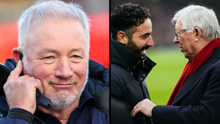 Ruben Amorim, Manager of Manchester United interacts with Sir Alex Ferguson prior to the Premier League match between Manchester United FC and Brig...