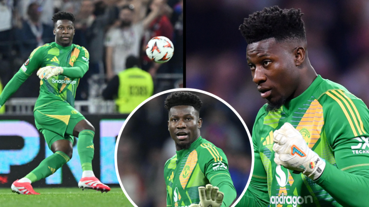 Andre Onana of Manchester United celebrates after team mate Leny Yoro (not pictured) scores his team's first goal during the UEFA Europa League 202...