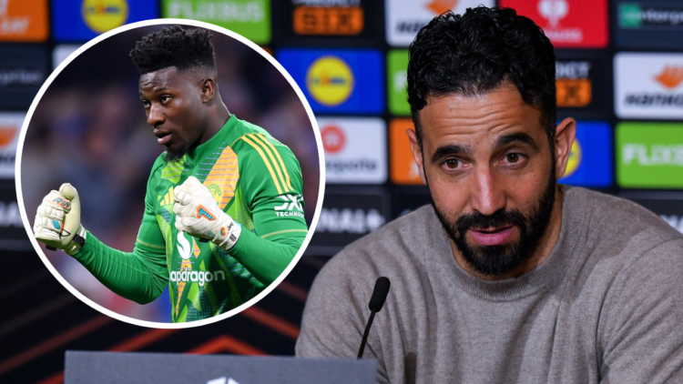 Andre Onana of Manchester United celebrates after team mate Leny Yoro (not pictured) scores his team's first goal during the UEFA Europa League 202...