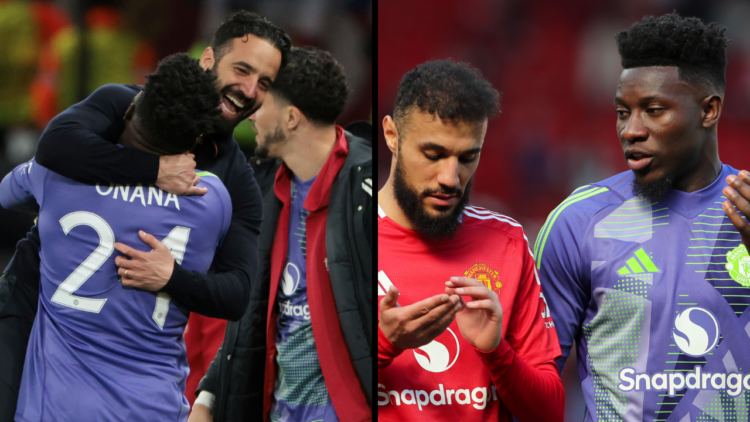 Andre Onana of Manchester United taks with Noussair Mazraoui of Manchester United during the Premier League match between Manchester United FC and ...