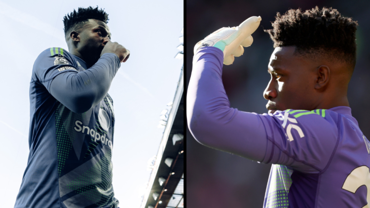 Andre Onana, goalkeeper of Manchester United shades his eyes from the sun during the Premier League match between Manchester United FC and Manchest...
