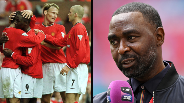 Andy Cole, TV Pundit looks on prior to the Emirates FA Cup Final match between Manchester City and Manchester United at Wembley Stadium. Insert: An...