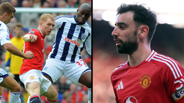 Bruno Fernandes of Manchester United during the Premier League match between Manchester United FC and Manchester City FC at Old Trafford. Insert: W...