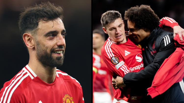 Manuel Ugarte, Joshua Zirkzeeof Manchester United celebrates after the UEFA Europa League 2024/25 Quarter Final Second Leg match between Manchester...