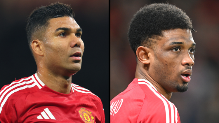 Casemiro of Manchester United looks on during the UEFA Europa League 2024/25 Quarter Final Second Leg match between Manchester United and Olympique...