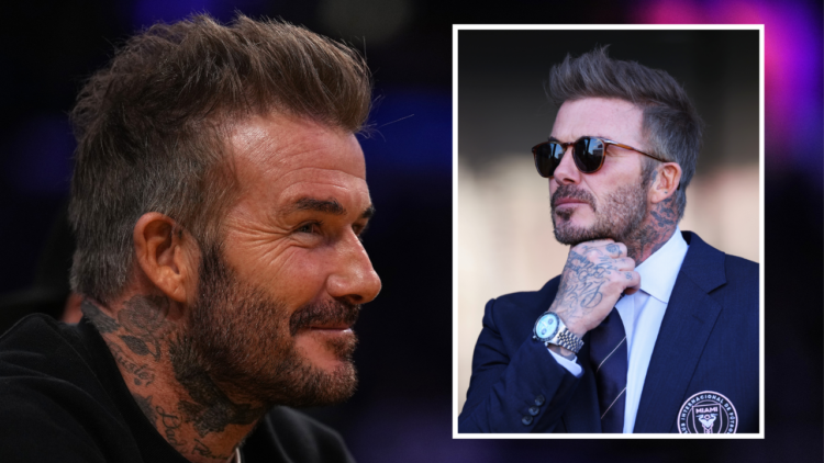 David Beckham, co-owner of Inter Miami CF looks on prior to the MLS match between Inter Miami CF and Toronto FC at Chase Stadium. Insert: David Bec...