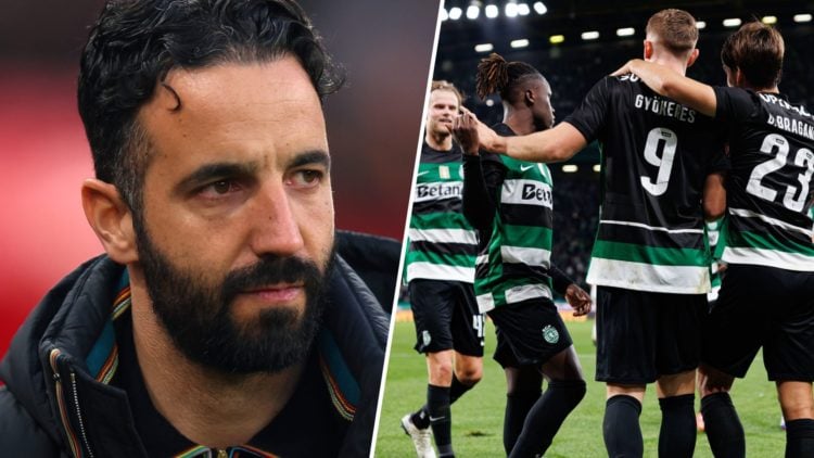 Manchester United head coach Ruben Amorim and Sporting Lisbon players celebrating.