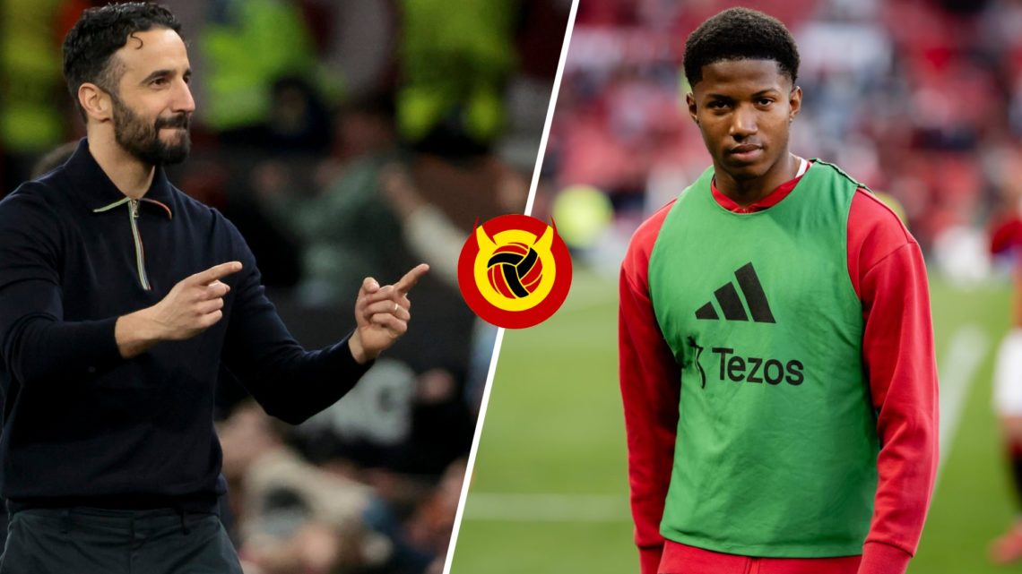 Split image of Manchester United manager Ruben Amorim and striker Chido Obi.