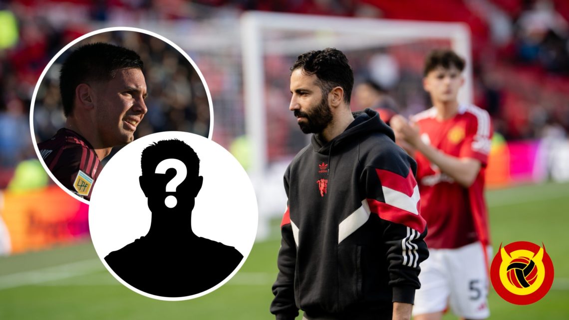 Ruben Amorim walks toward tunnel after Manchester United vs Wolves. Inset Franco Mastantuono side profile close up. Inset mystery player icon. Over...
