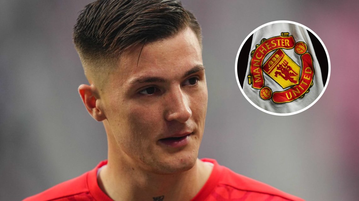Benjamin Sesko split image with Man Utd crest
