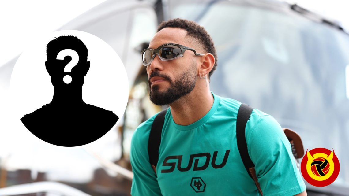 Matheus Cunha with sunglasses and a Wolves t-shirt on walking to the left of camera. Inset mystery player icon. Overlaid UIF logo.