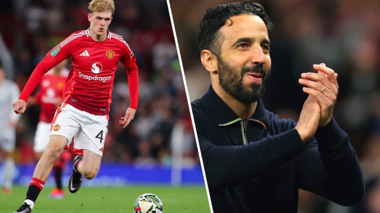 Split image of Manchester United midfielder Toby Collyer and head coach Ruben Amorim.