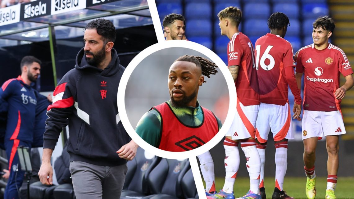 Split image of Ruben Amorim on the sideline against Newcastle United. Manchester United U21 celebrates a goal with Bendito Mantato involved. Inset ...