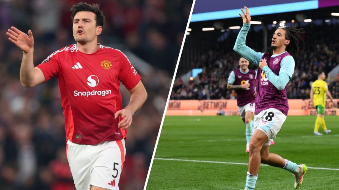 A split image of Manchester United's Harry Maguire (L) and Burnley midfielder Hannibal Mejbri (R)
