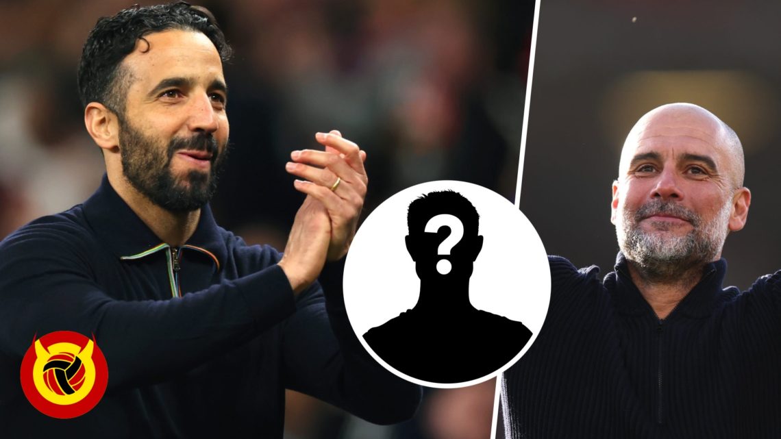 Split image of Ruben Amorim and Pep Guardiola. Left, Amorim claps Manchester United fans at Old Trafford after 5-4 win vs Lyon. Right, Guardiola ce...