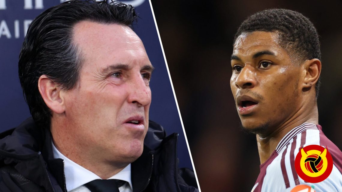 Split image of Unai Emery and Marcus Rashford. Left, Emery sitting on the bench at the Etihad. Right, Manchester United loanee Marcus Rashford in a...