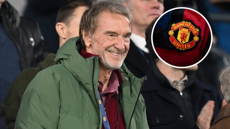 Manchester United co-owner Sir Jim Ratcliffe with the Manchester United badge inset.