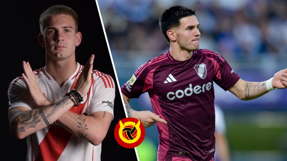 Split image of Franco Mastantuono. Left, Mastantuono makes X shape with his arms staring directly at the camera in River Plate shirt. Right, Mastan...