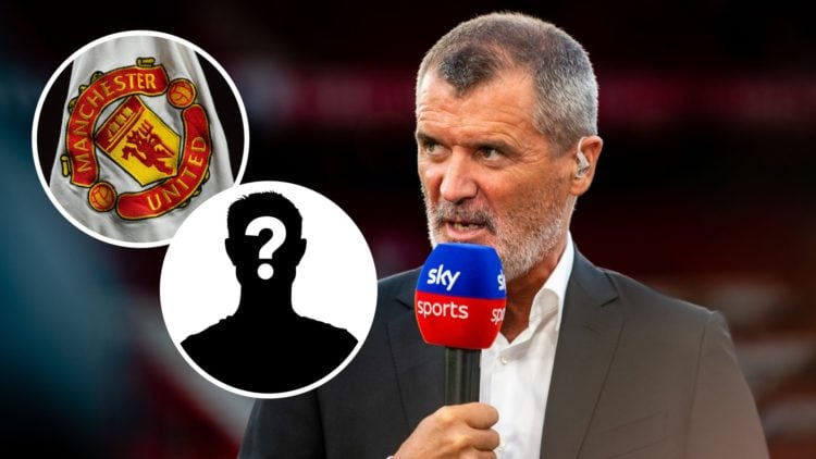 Roy Keane speaks to Sky Sports microphone, inset club badge, inset mystery player