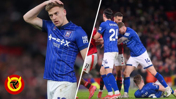 Ipswich striker Liam Delap involved in a bust-up against Manchester United.