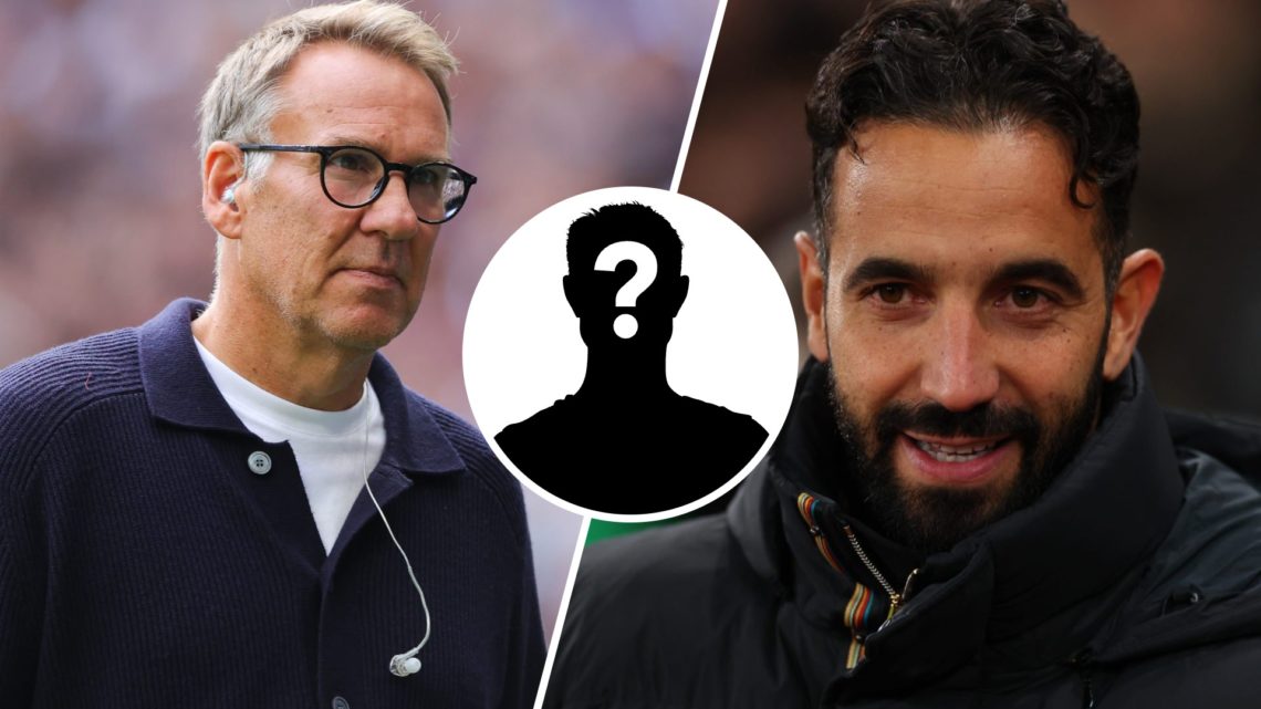 A split image of pundit Paul Merson (L), a mystery player icon and Manchester United boss Ruben Amorim (R)