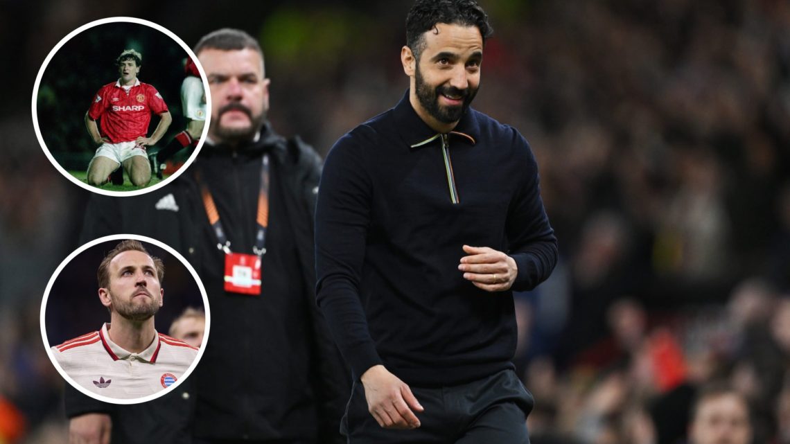 Ruben Amorim split image with Mark Hughes and Harry Kane
