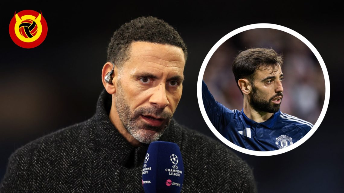 Rio Ferdinand on punditry for TNT Sports during Champions League. Inset Bruno Fernandes head shot image. Overlaid United in Focus logo.