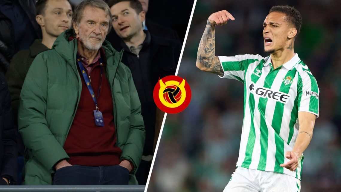 Splite image of Manchester United co-owner Sir Jim Ratcliffe and Real Betis winger Antony.