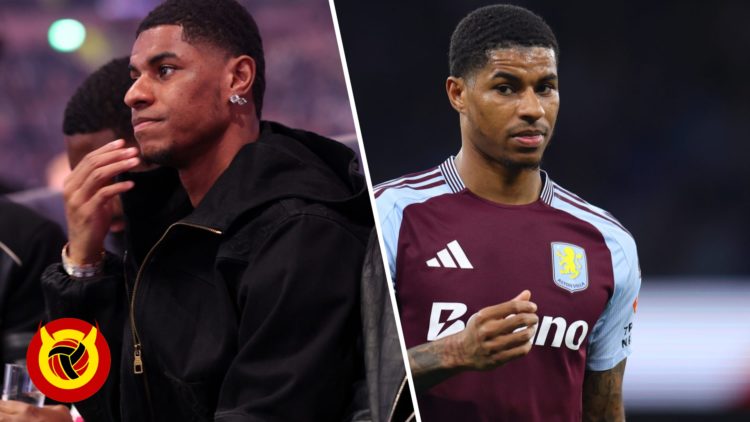 Split image of Marcus Rashford at a boxing event and in action for Aston Villa in 2024/25