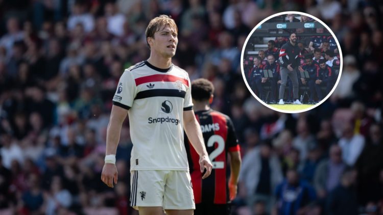 Manchester United striker Rasmus Hojlund, inset of head coach Ruben Amorim