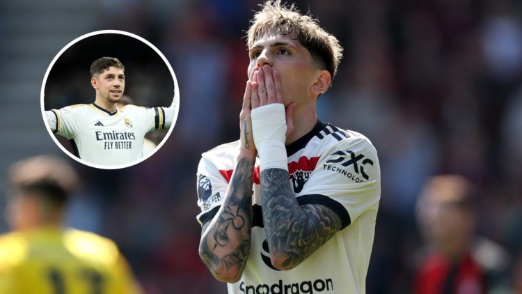 Alejandro Garnacho of Manchester United has his head in his hands during a Premier League fixture against Bournemouth, Fede Valverde of Real Madrid...
