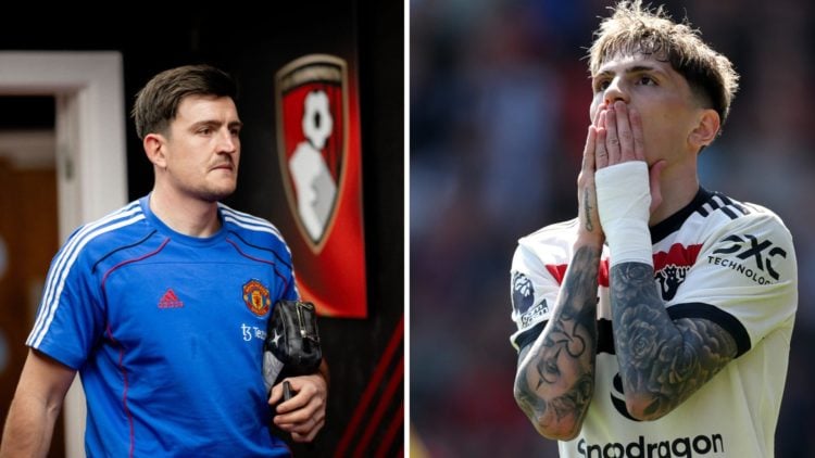 Alejandro Garnacho (right) and Harry Maguire of Manchester United (left) look on longingly as they visit the Vitality Stadium for a Premier League ...