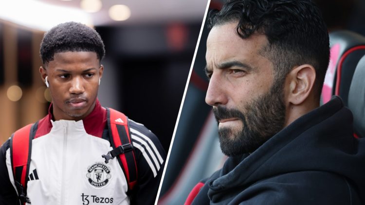 Manchester United academy striker Chido Obi and head coach Ruben Amorim.