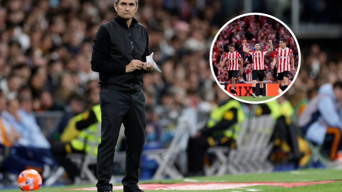 Ernesto Valverde Athletic Club manager standing on the sidelines. Oihan Sancet with two Athletic club teammates celebrating