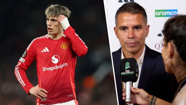 Alejandro Garnacho puts hand to his head, and right, Javier Saviola being interviewed
