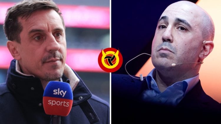Split image of pundit Gary Neville and Manchester United CEO Omar Berrada.