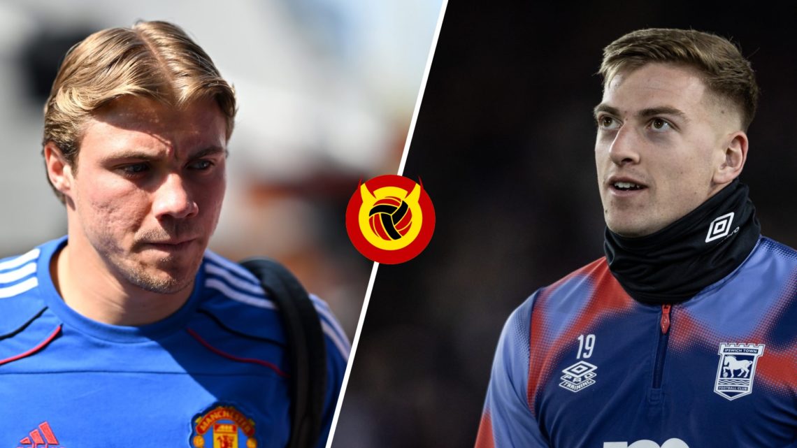 Split image. Left, Rasmus Hojlund walks toward camera staring toward the ground in Manchester United training t-shirt. Right, Delap looks up to the...