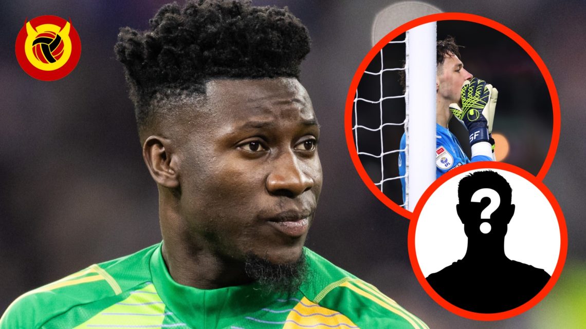 Andre Onana head shot image for Manchester United. Inset James Trafford behind goal post for Burnley. Inset mystery player icon.