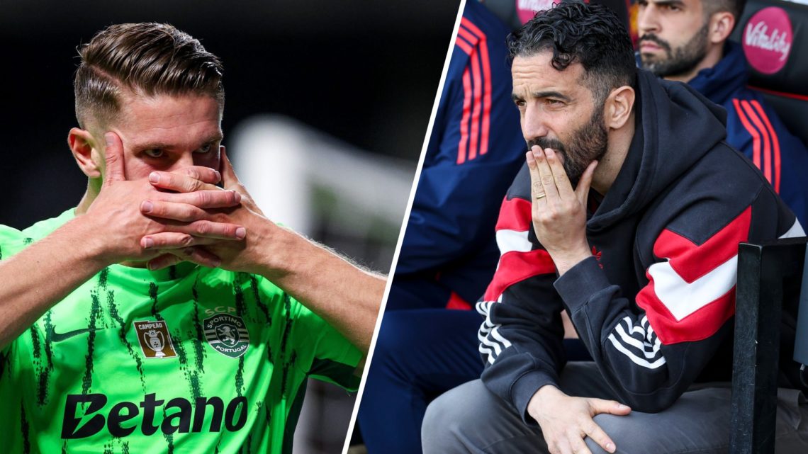 A split image of Sporting striker Viktor Gyokeres (L) and Manchester United boss Ruben Amorim (R)