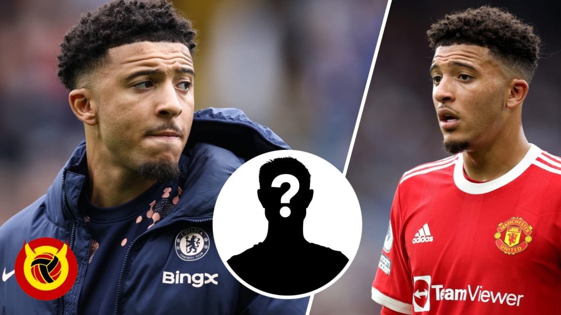 Split Image. Left, Jadon Sancho looks to the left while in Chelsea training jacket, close up. Right, Jadon Sancho in Manchester United kit 2021 fac...