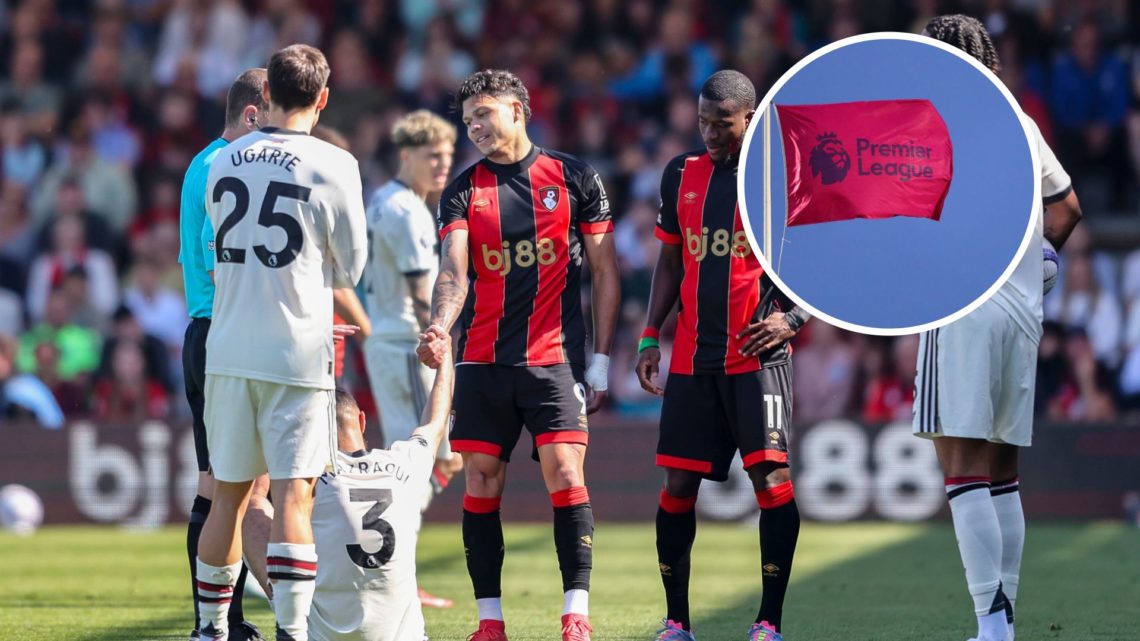 Manchester United players face Bournemouth in the Premier League. Inset of Premier League logo.
