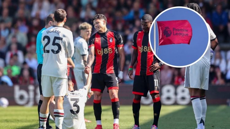 Manchester United players face Bournemouth in the Premier League. Inset of Premier League logo.