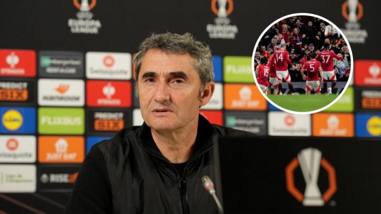 Athletic Club manager Ernesto Valverde before Manchester United's Europa League match. Inset of Manchester United players celebrating at Old Trafford.