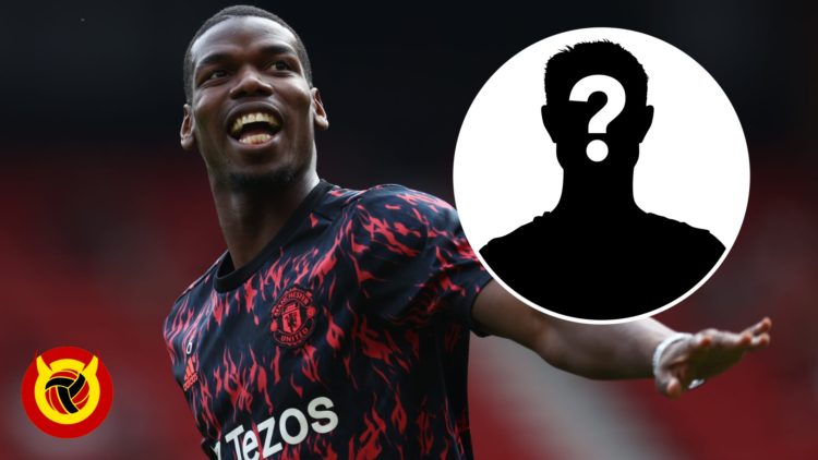 Paul Pogba smiling while looking toward camera in Manchester United training gear and arm outstretched. Inset mystery player icon. Overlaid UIF logo.