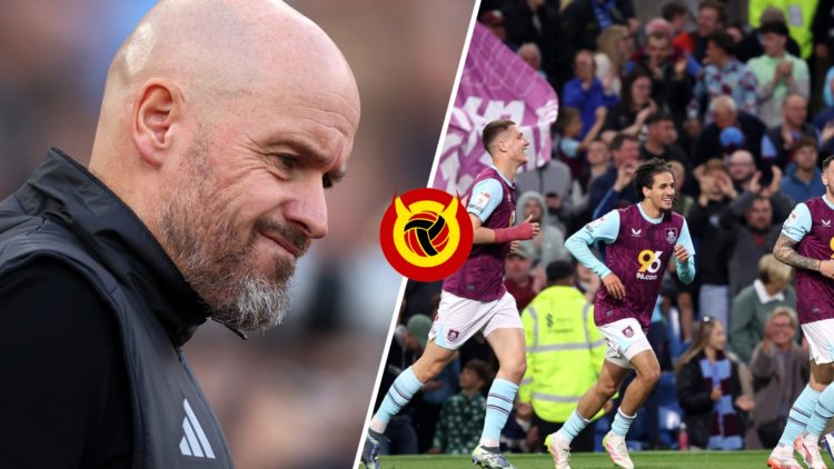 Split image of former Manchester United manager Erik ten Hag and Burnley midfielder Hannibal Mejbri.