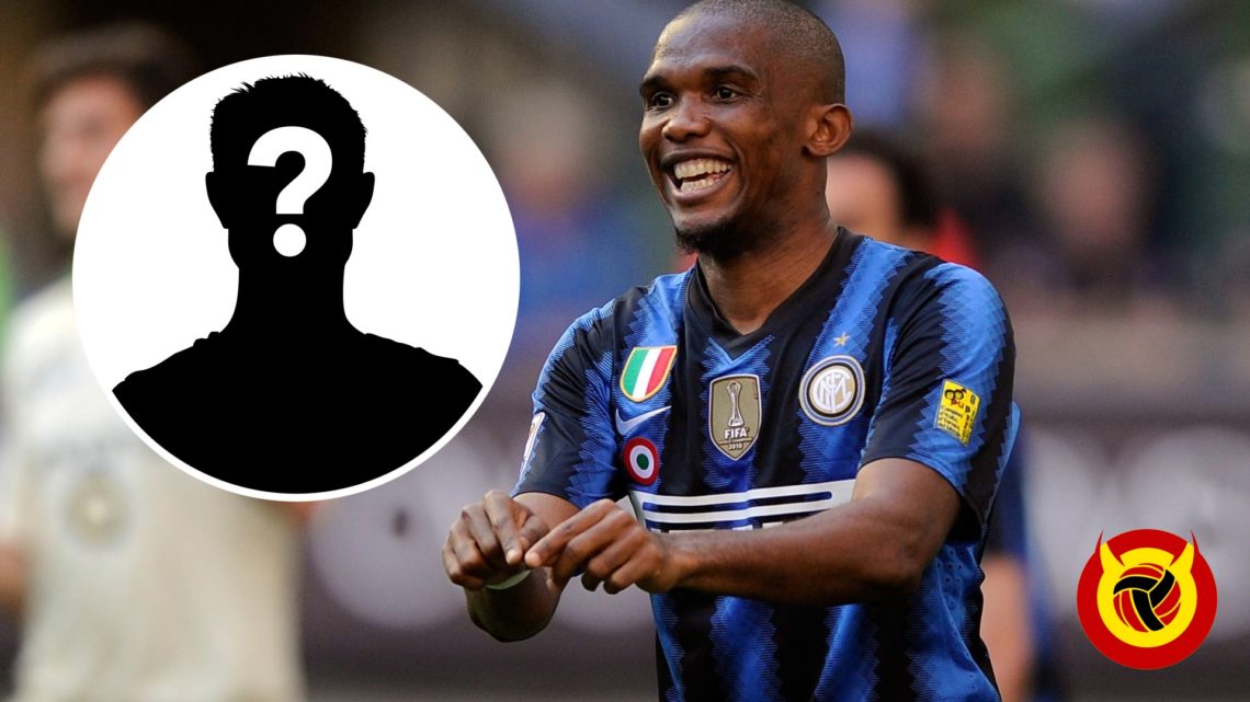 Samuel Eto'o celebrates scoring for Inter Milan with hands together in front of him. Inset mystery player icon. Overlaid UIF logo.